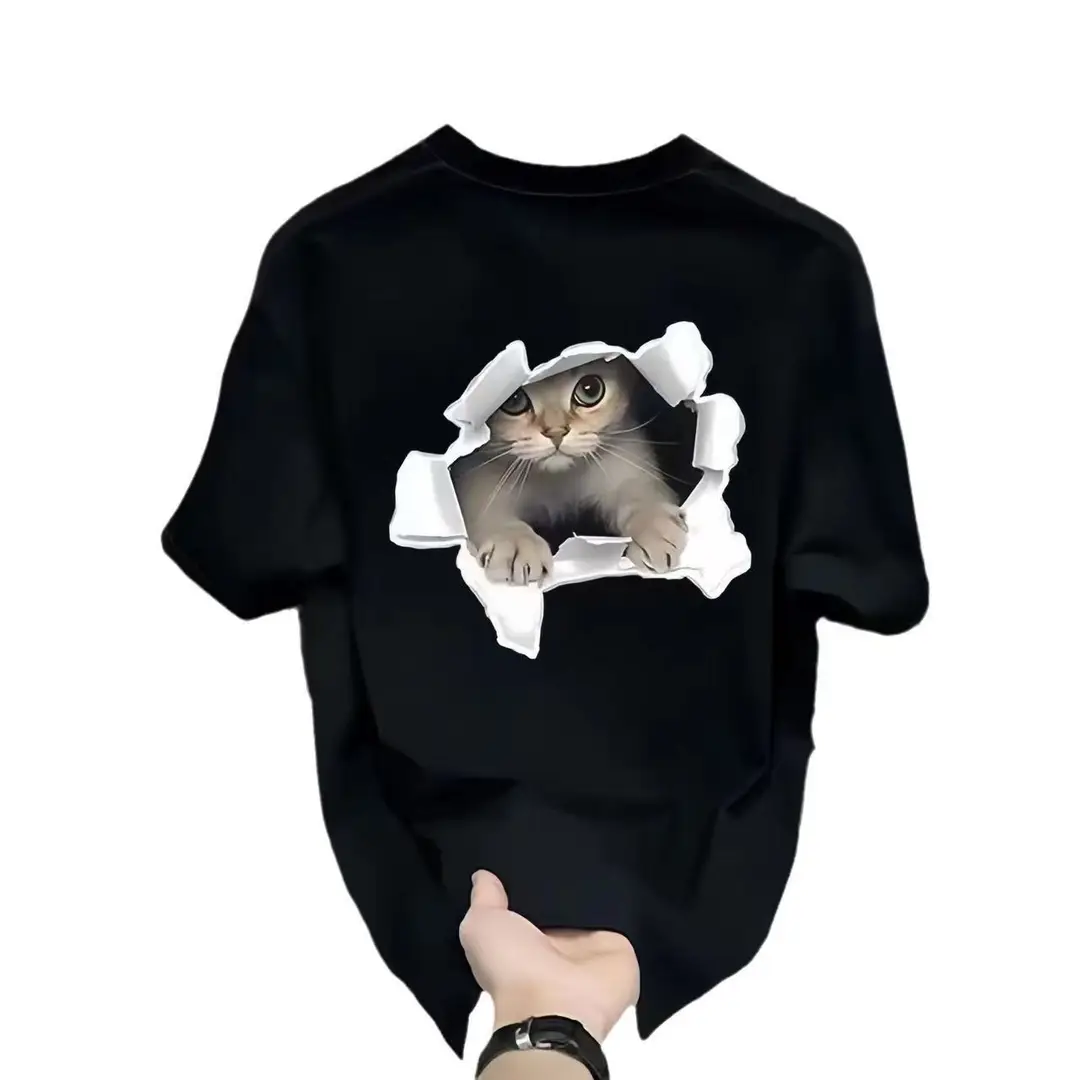 White Cat Print Loose T-Shirt Plus Size Summer