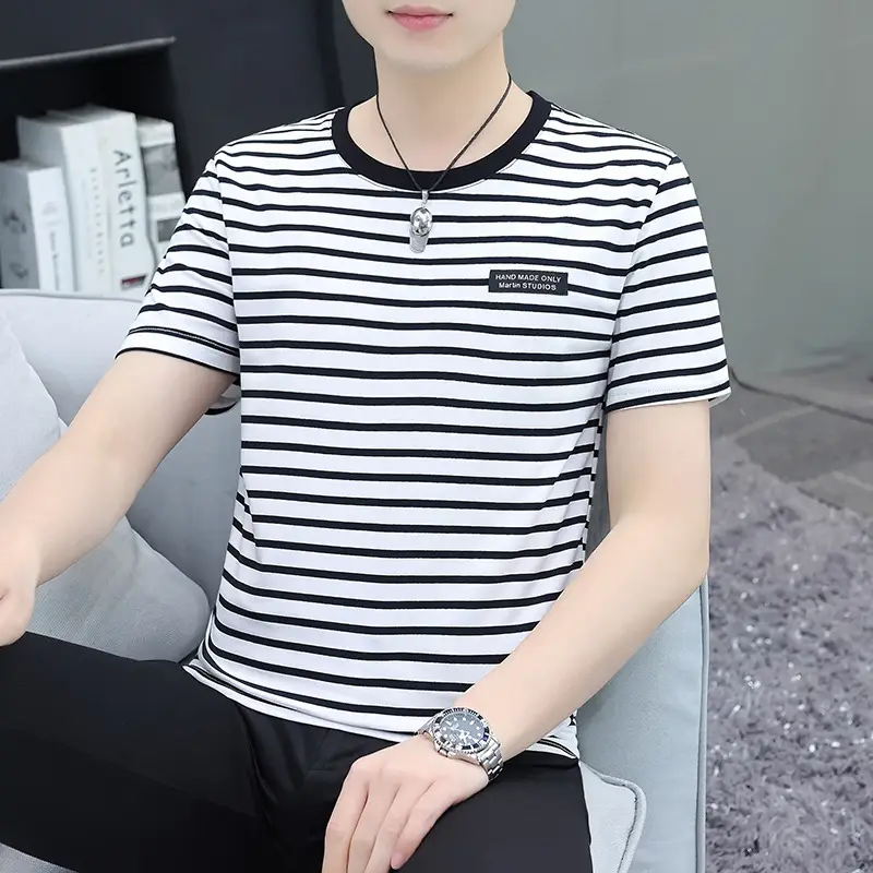 Men Cotton Striped T-Shirt Summer Trendy White Mint