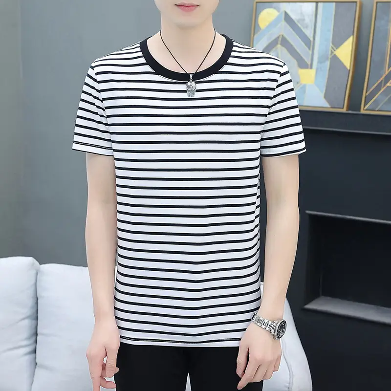 Men Cotton Striped Round Neck T-Shirt Navy Blue Stripe Medium to XL
