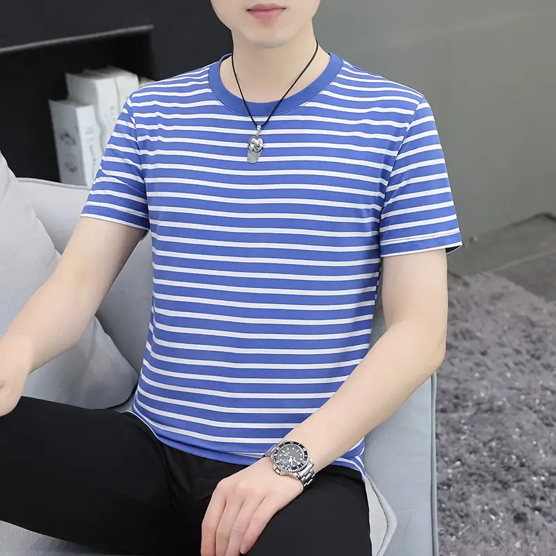 Men Cotton Striped Round Neck T-Shirt Navy Blue Stripe Medium to XL