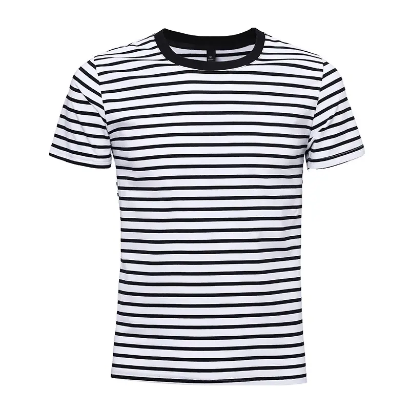 Men Cotton Striped Round Neck T-Shirt Navy Blue Stripe Medium to XL