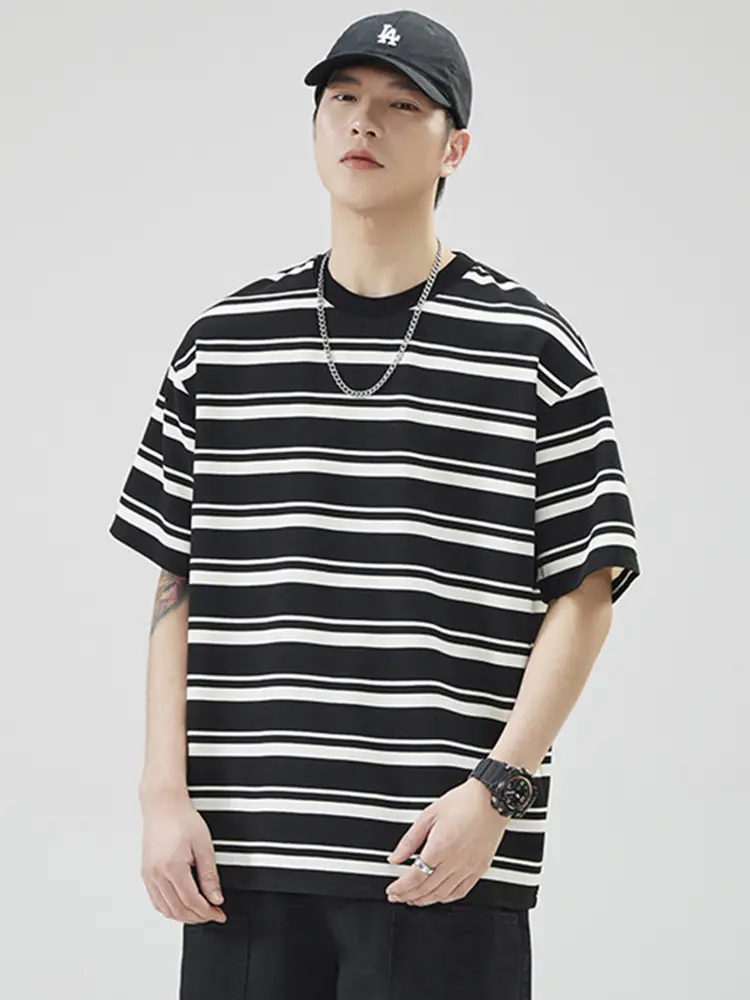 Men Striped Cotton T-Shirt Loose Fit Summer Brown White