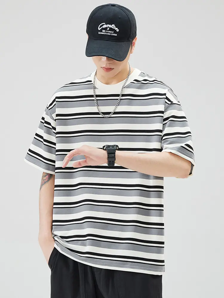 Men Striped Cotton T-Shirt Loose Fit Summer Brown White