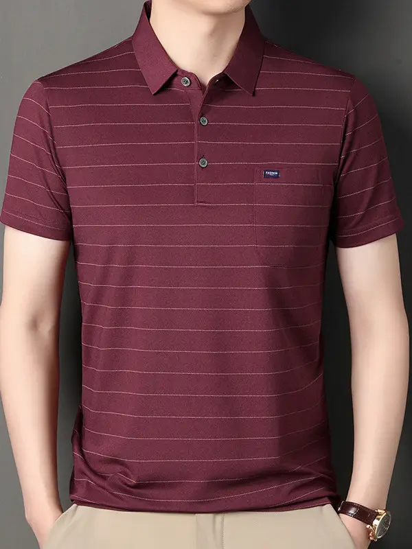 Men's Maroon Striped Polo Shirt Summer Casual Short Sleeve