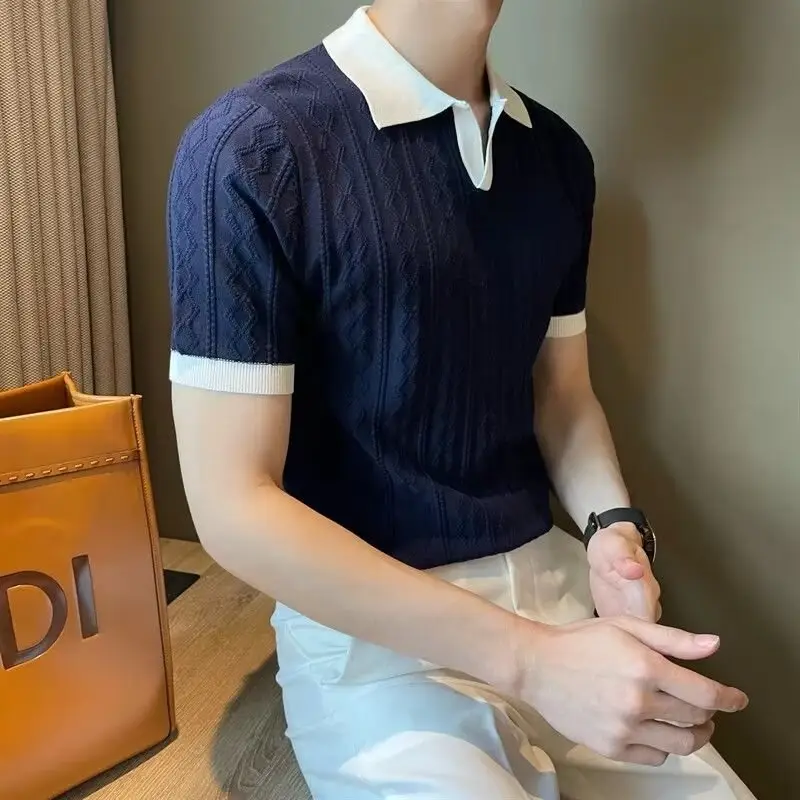 Men Navy Knitted Polo Shirt Loose Fit Autumn