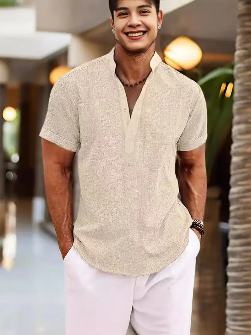 Men's Gray Henley Shirt Casual Home Wear