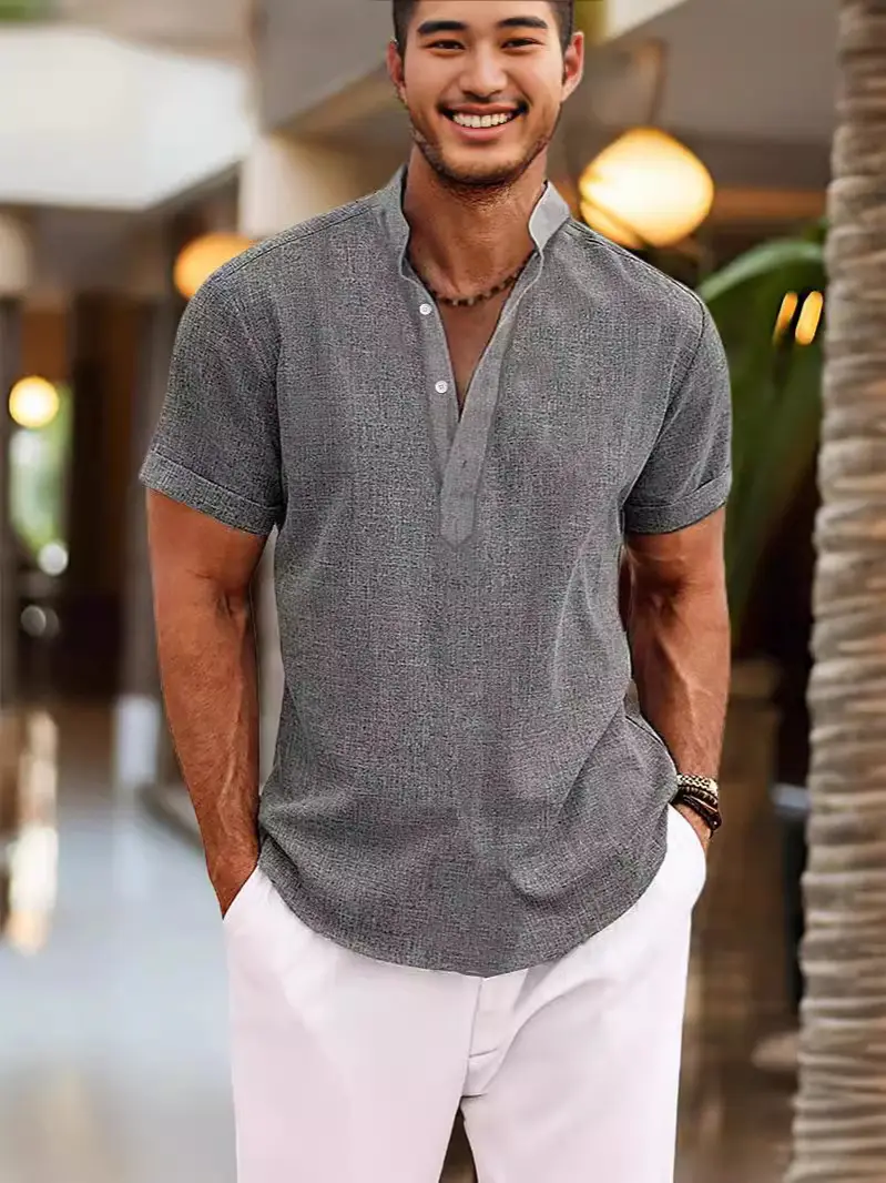 Men's Gray Henley Shirt Casual Home Wear
