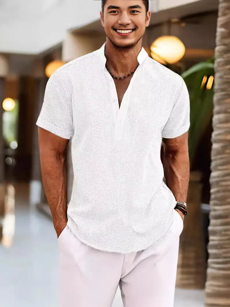 Men's Gray Henley Shirt Casual Home Wear