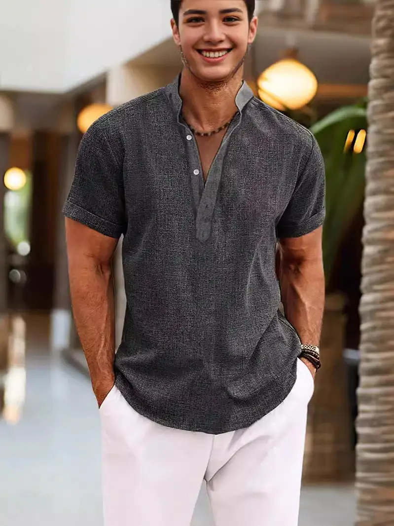 Men's Gray Henley Shirt Casual Home Wear