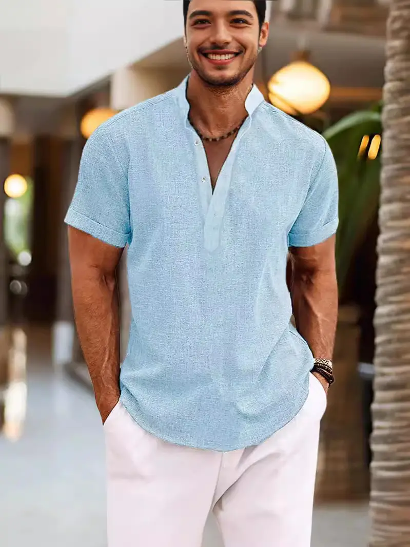 Men's Gray Henley Shirt Casual Home Wear