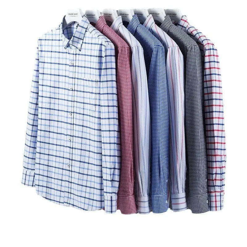 Men Loose Fit Cotton Plaid Long Sleeve Shirts