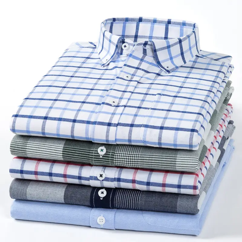 Men Loose Fit Cotton Plaid Long Sleeve Shirts