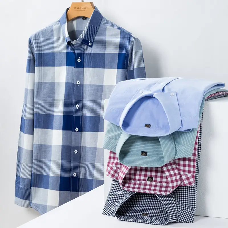 Men Loose Fit Cotton Plaid Long Sleeve Shirts