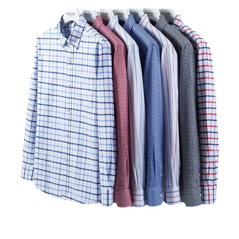 Men Loose Fit Cotton Plaid Long Sleeve Shirts