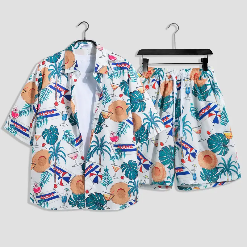 Men's Tropical Print Beach Suit Red Loose Plus Size