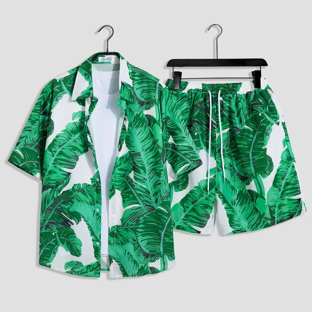 Men's Tropical Print Beach Suit Red Loose Plus Size