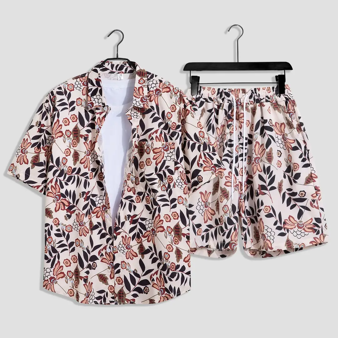 Men's Tropical Print Beach Suit Red Loose Plus Size