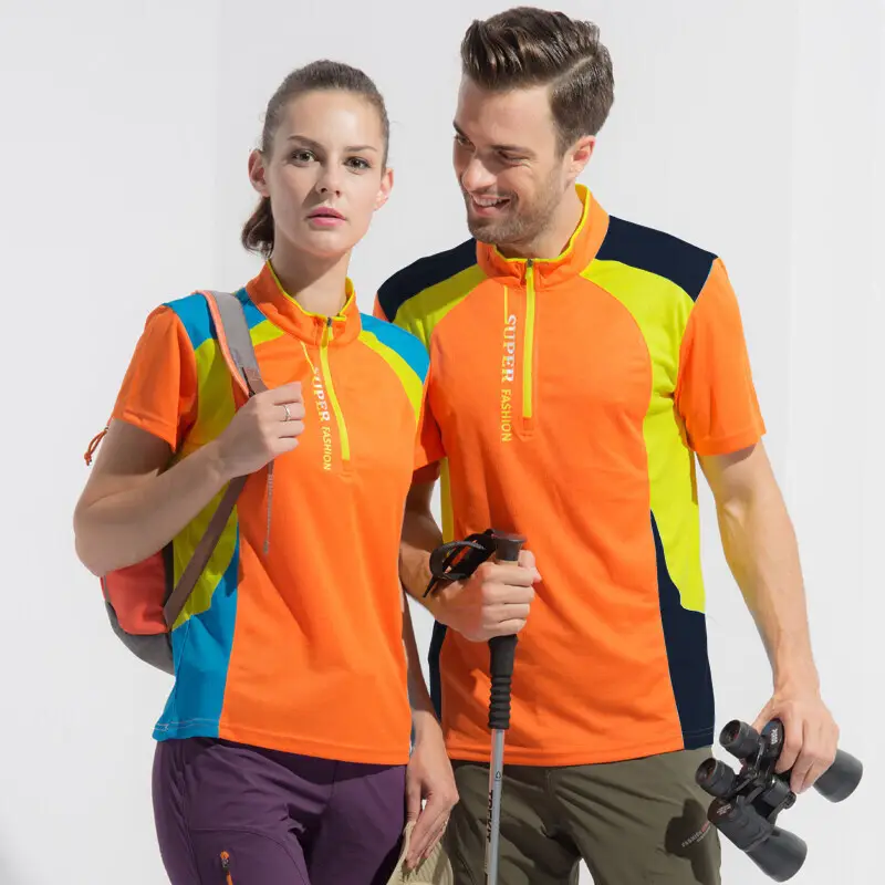 Men Women Summer Quick-Dry Semi-Zip Sports T-Shirt Orange Yellow