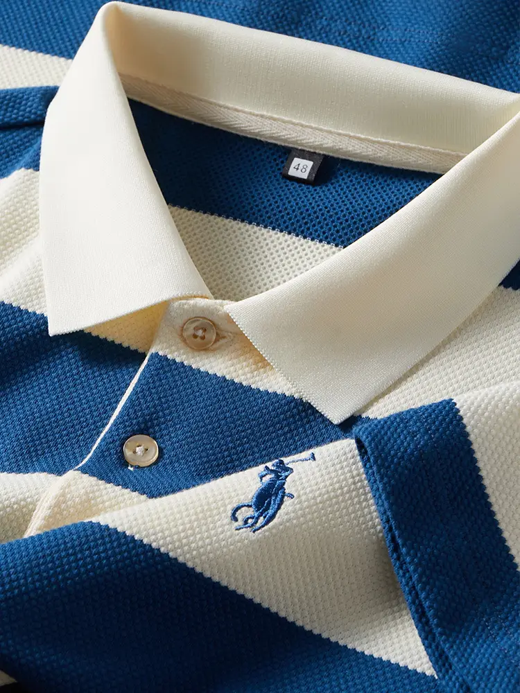 Men Striped Polo Shirt Khaki Business Formal Summer