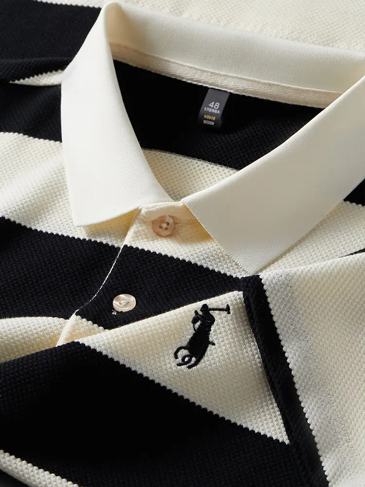 Men Striped Polo Shirt Khaki Business Formal Summer
