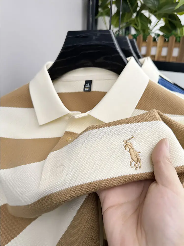 Men Striped Polo Shirt Khaki Business Formal Summer