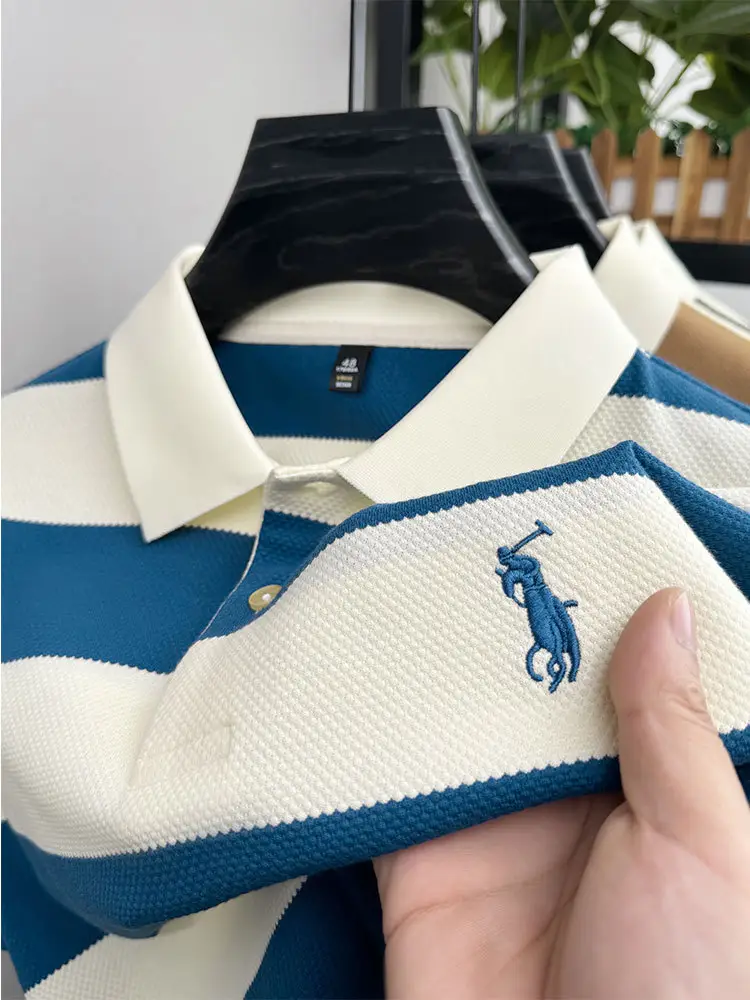 Men Striped Polo Shirt Khaki Business Formal Summer