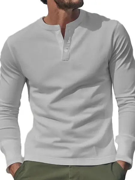 White Slim Fit Henley Shirt for Men Summer Casual