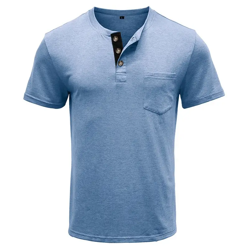 Men Henley T-Shirt Blue Short Sleeve Pocketed