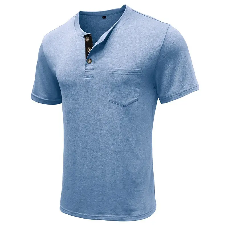 Men Henley T-Shirt Blue Short Sleeve Pocketed