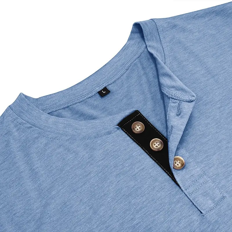 Men Henley T-Shirt Blue Short Sleeve Pocketed