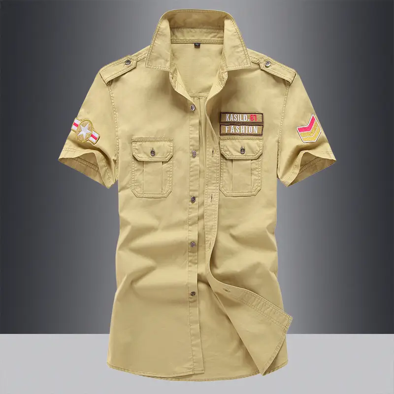 Men Military Style Short Sleeve Shirt Olive Green Plus Size