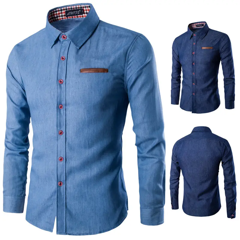 Men Denim Long Sleeve Shirt Light Blue Office Wear