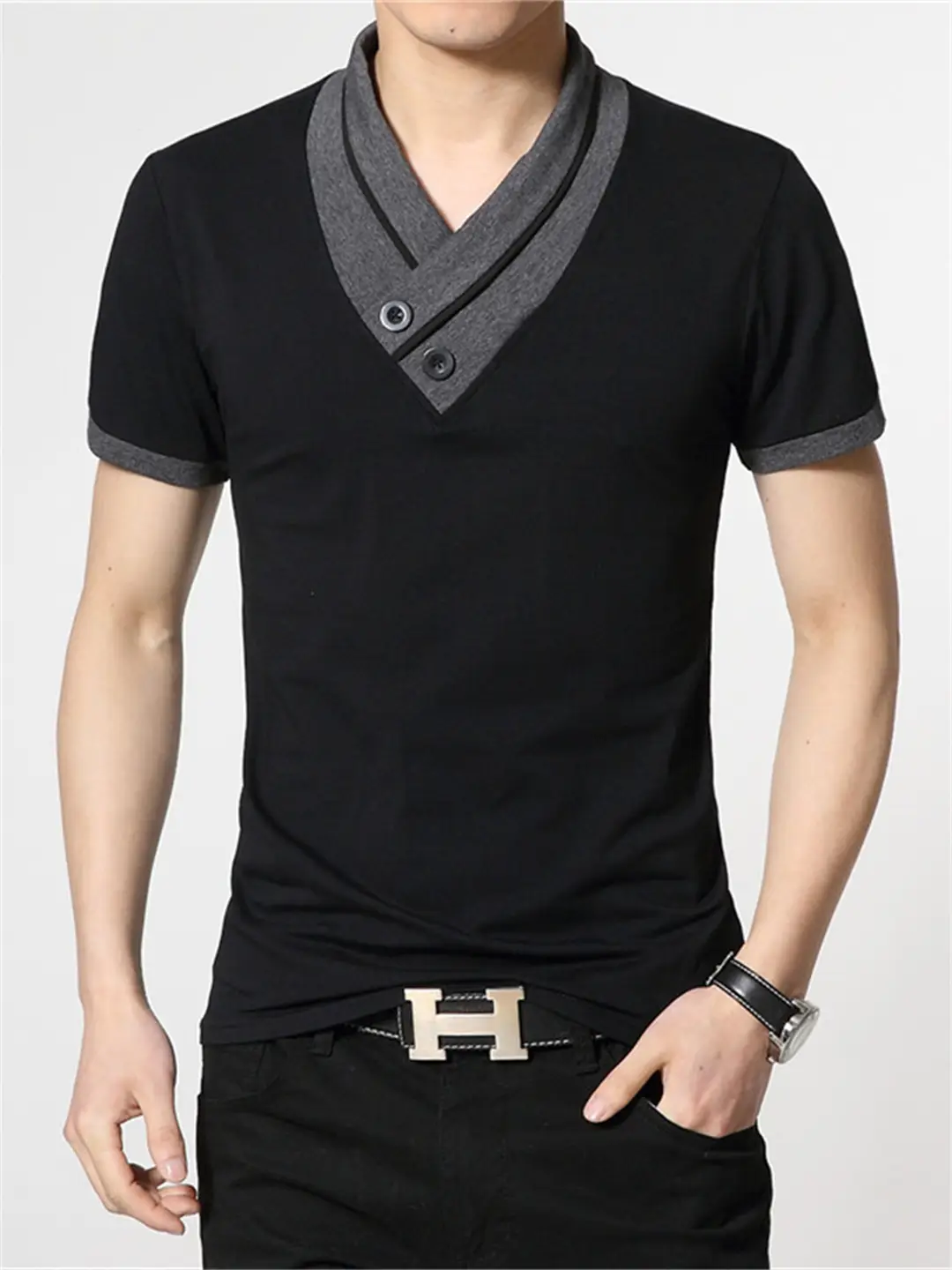 Men Slim Fit V Neck T-Shirt Black Gray Buttoned Summer