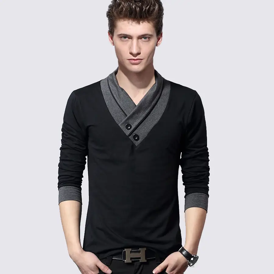Men Black Long Sleeve Korean Collar T-Shirt Autumn