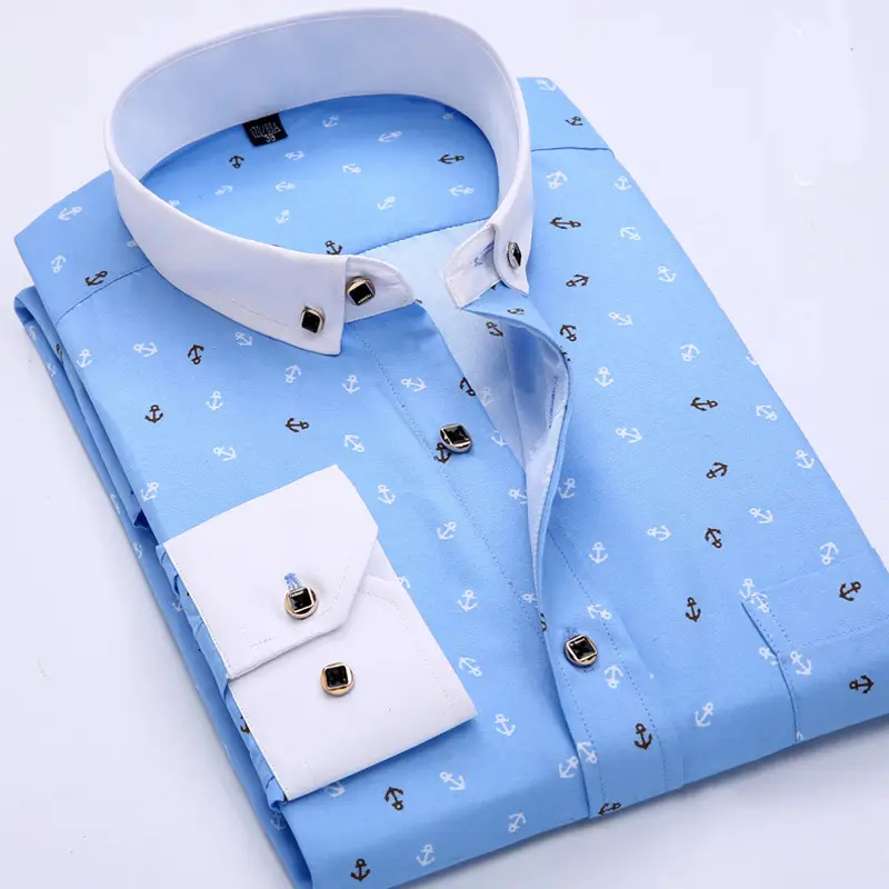 Men Navy Anchor Print Casual Shirt Large Size
