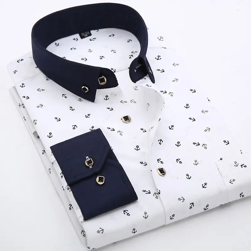 Men Navy Anchor Print Casual Shirt Large Size