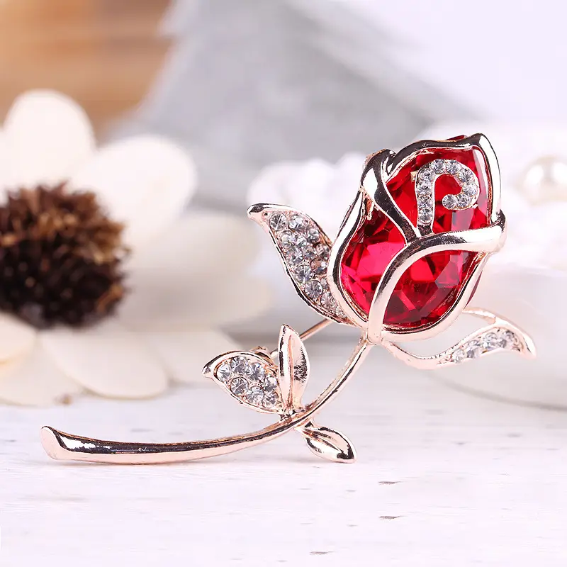 Red Rose Brooch with Rhinestones Rose Gold