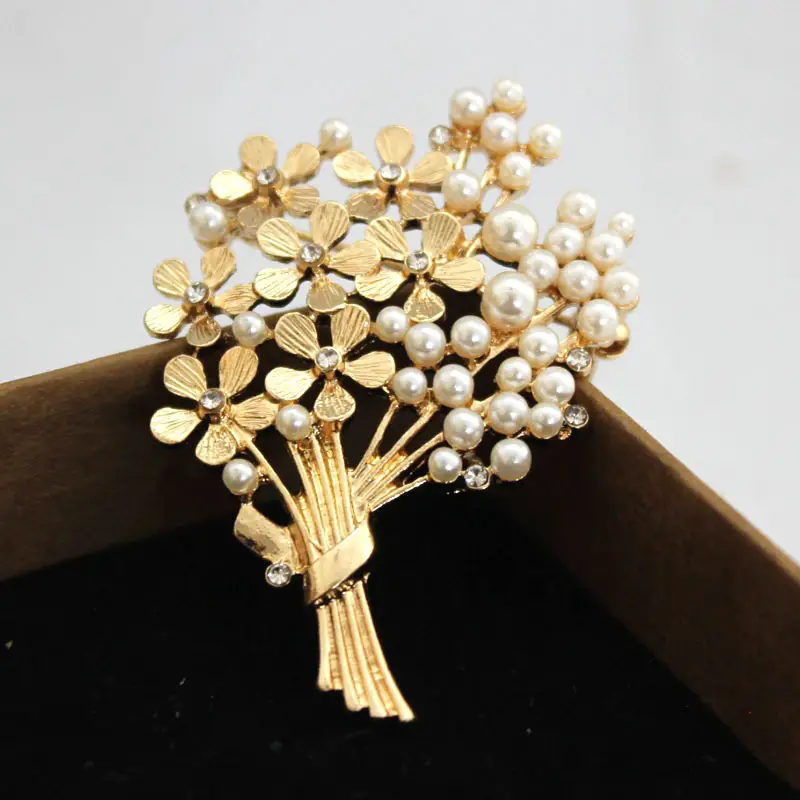 Golden Pearl Floral Brooch for Women