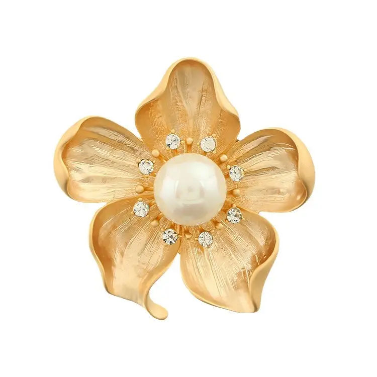 Flower Brooch with Pearl & Crystals Matte Silver