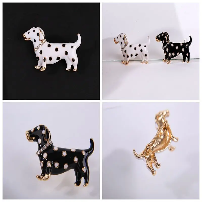 Dachshund Dog Brooches White Black Spots Gold Diamond