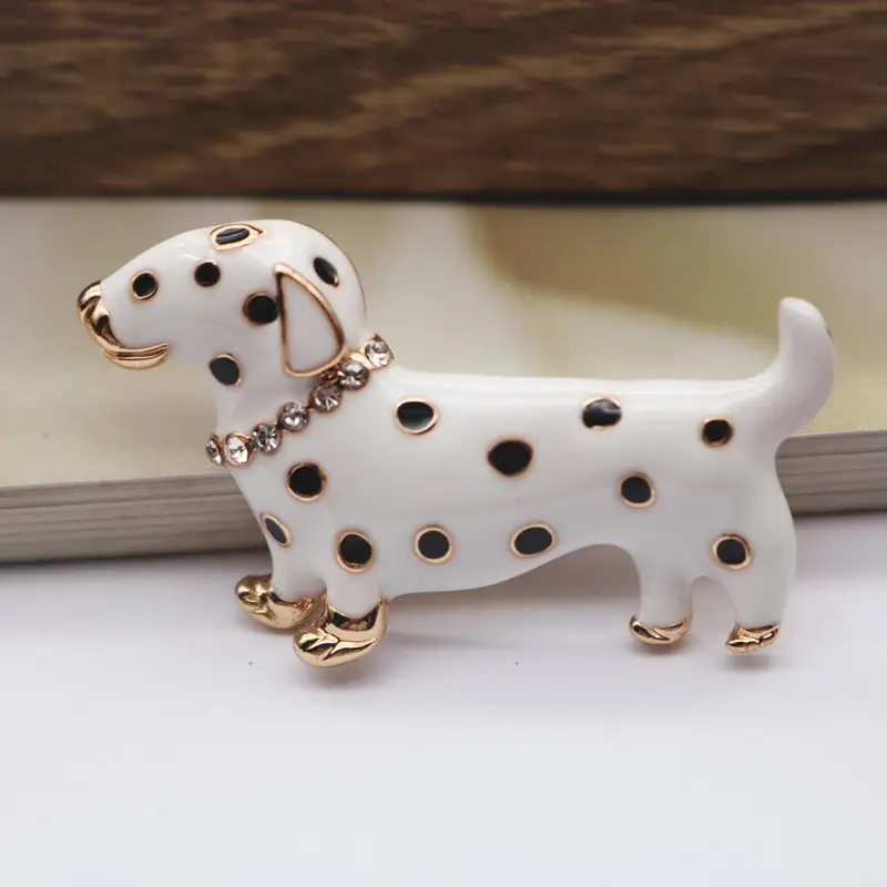 Dachshund Dog Brooches White Black Spots Gold Diamond