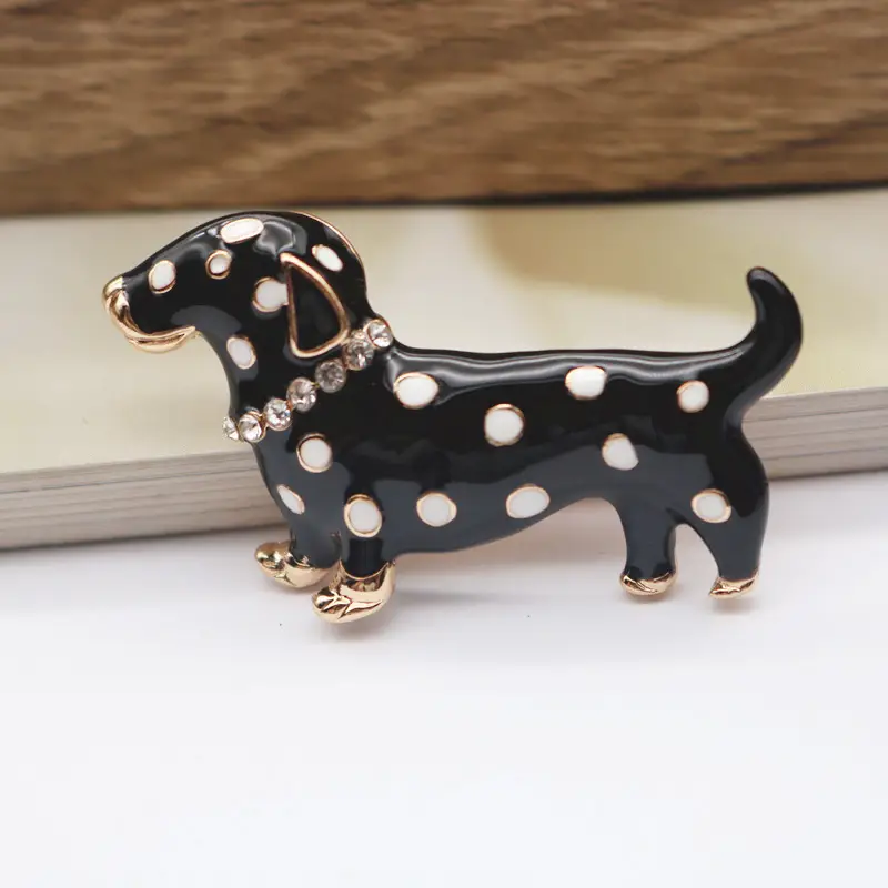 Dachshund Dog Brooches White Black Spots Gold Diamond