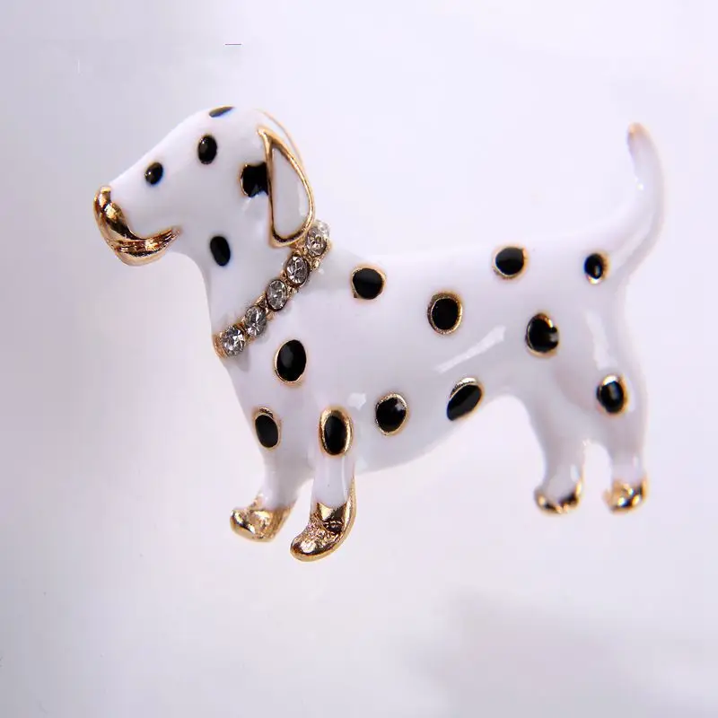 Dachshund Dog Brooches White Black Spots Gold Diamond