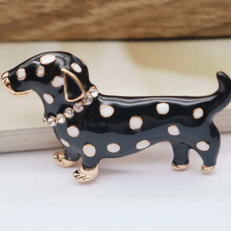 Dachshund Dog Brooches White Black Spots Gold Diamond
