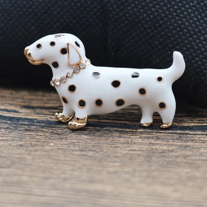 Dachshund Dog Brooches White Black Spots Gold Diamond