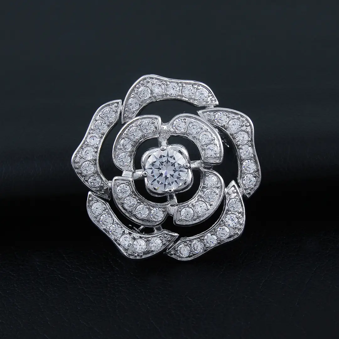 Camellia Brooch with Zircon Stones Silver Tones