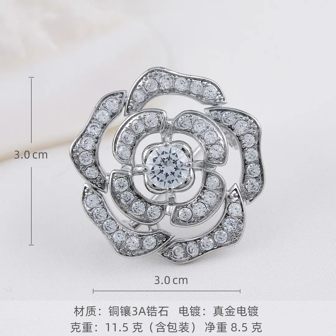 Camellia Brooch with Zircon Stones Silver Tones