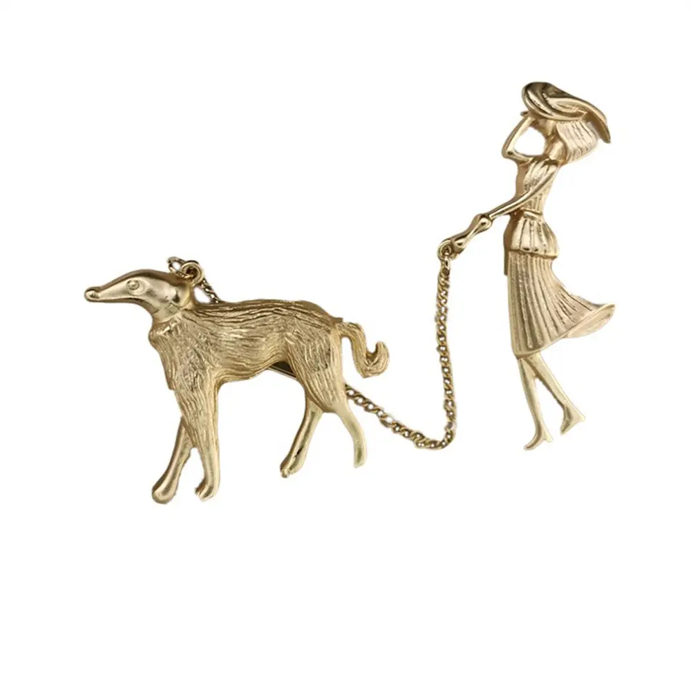 Matte Gold Dog Walking Brooch for Women