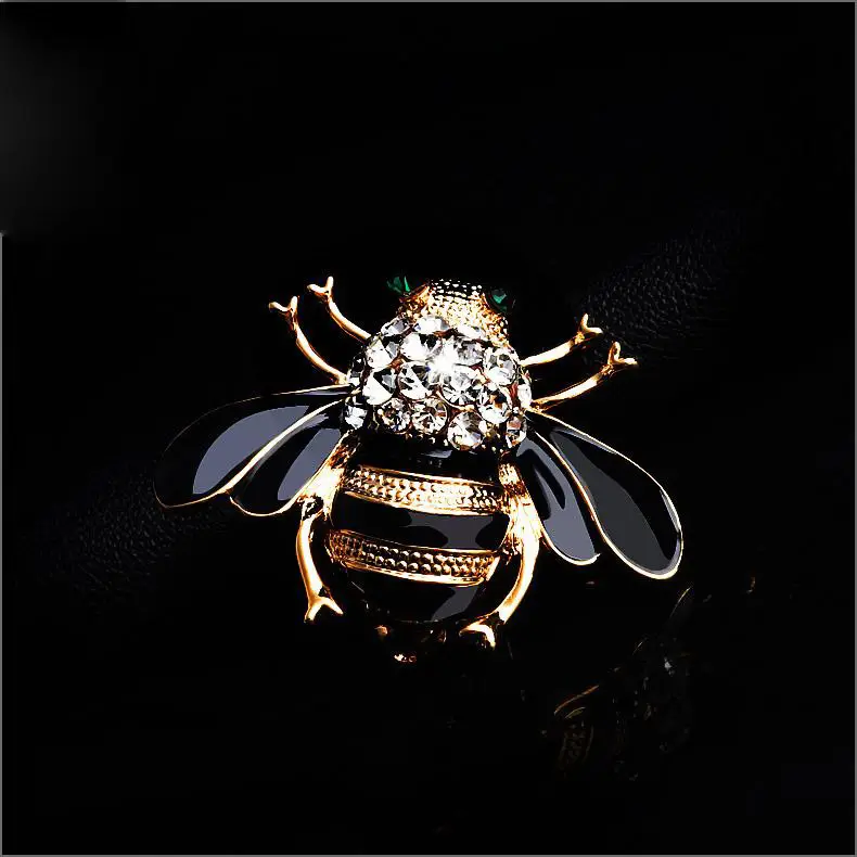 Bee Shaped Brooch with Crystal Head & Black Wings