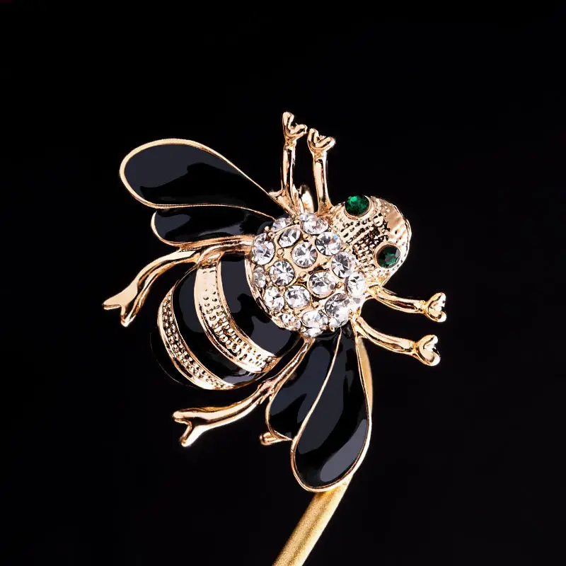 Bee Shaped Brooch with Crystal Head & Black Wings